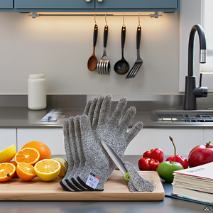 A rustic wooden table with a cutting board and various kitchen tools, surrounded by fresh produce an
