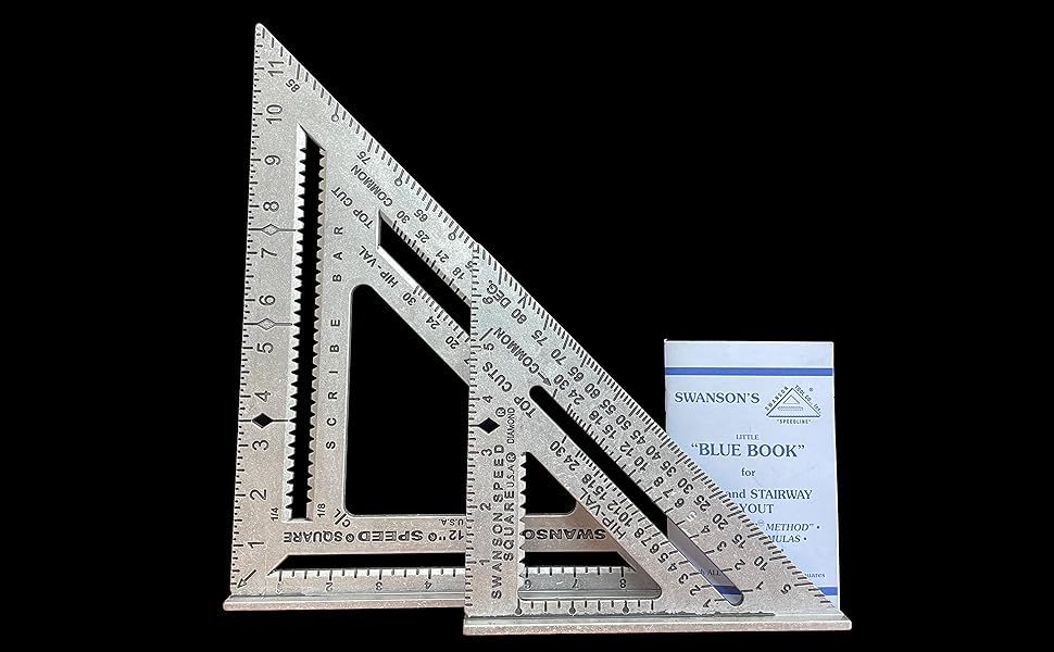 7 inch and 12 inch speed squares with the blue book against a black background