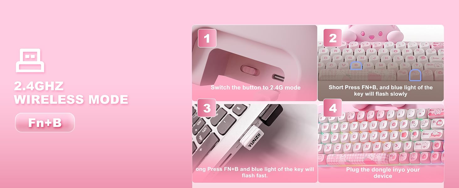 Pink aesthetic composition showing keyboard and computer peripherals with partially visible text on left side.