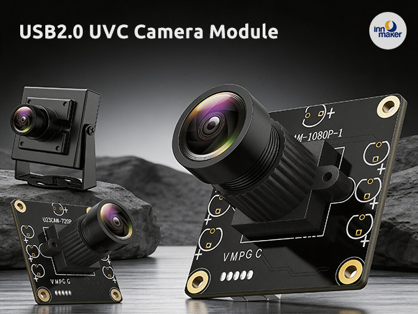 Text reads 'USB2.0 UVC Camera Module'. Various small camera modules and circuit components displayed on dark background with technical schematics and connection diagrams.