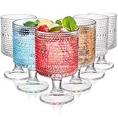 ZOOFOX Set of 6 Romantic Vintage Goblet Glasses, 8 oz Embossed Short Stem Wine Glasses, Hobnail D...