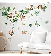 Supzone Monkey Climbing Tree Wall Decals Jungle Animals Birds Wall Stickers Hanging Vine Green Le...