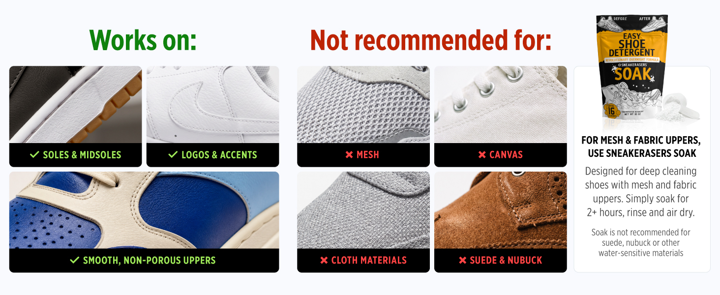 Use on soles of shoes and uppers not meant for suede or mesh