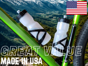 Black bottle cage on bike frame with clear bottle sliding in.