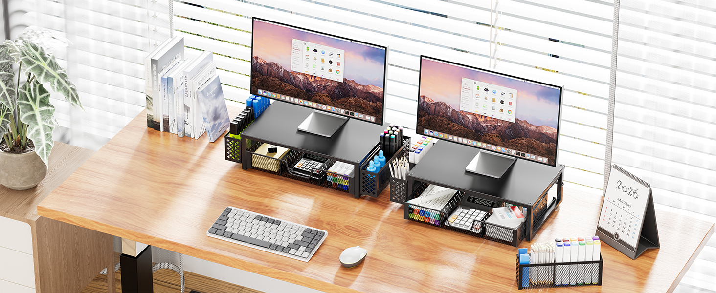 Computer Metal Monitor Stand Riser with Drawer and Pen Holder for Laptop