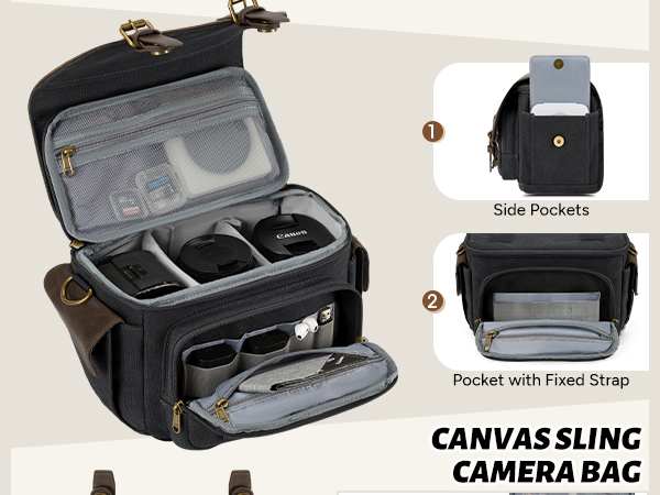 Text reads 'CANVAS SLING CAMERA BAG'. Multiple views of black camera bag showing interior compartments, side pockets, and fixed strap pocket features.