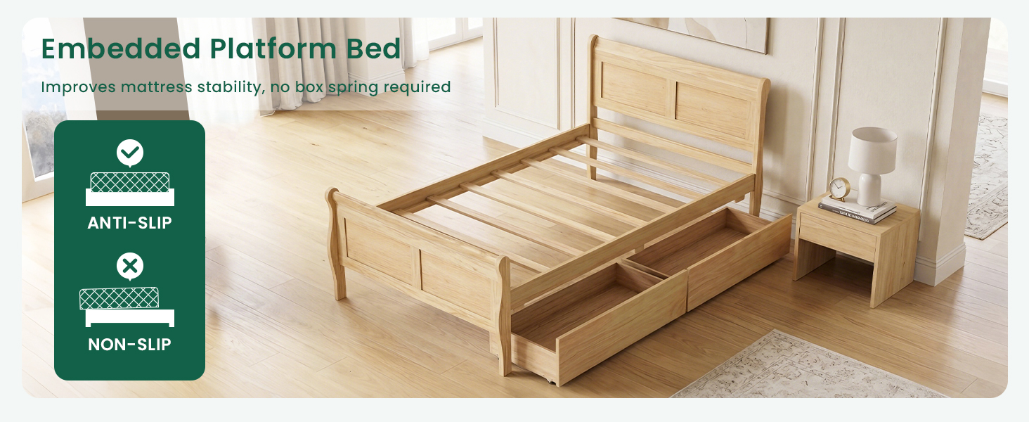 Sleigh Bedframe for Teens Adults, No Box Spring Needed (Natural)