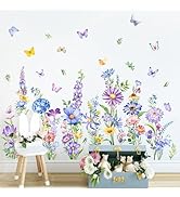 Tanlaby Wildflower Wall Decals Daisy Grass Butterflies Blue Flower Wall Stickers Floral Botanical...