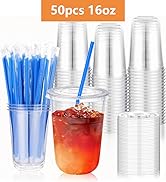 KesaPlan 50 Sets 16 oz Plastic Cups with Lids and Blue Straws, Clear Disposable Iced Coffee Cups ...