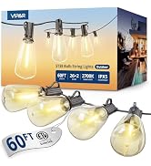 VIPAR Outdoor String Lights 60FT LED Patio Lights LED Waterproof with 26+2 Shatterproof ST38 Edis...