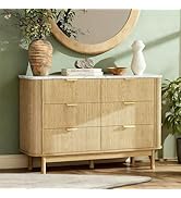 Fkhouse Fluted 6 Drawer Dresser for Bedroom, 47" Wide Chest of Drawers with Faux Marble Top & Cur...