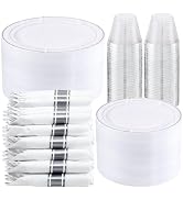 WELLIFE 350-Piece Silver Plastic Dinnerware Set - Disposable 10.25" Dinner Plates, 7.5" Dessert P...