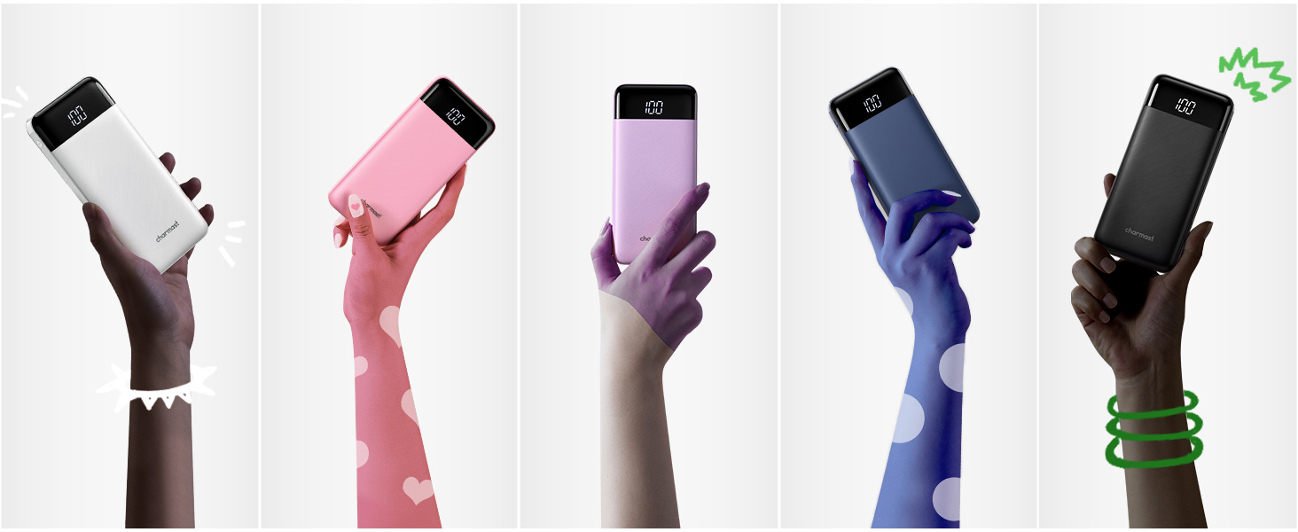 Five hands of different skin tones holding identical smartphones. Each phone has a distinct color: white, pink, lavender, navy blue, and black.