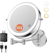 30X/1X Wall Mounted Lighted Makeup Mirror, 10'' Double Sided 4500mAh Rechargeable Magnifying Bath...