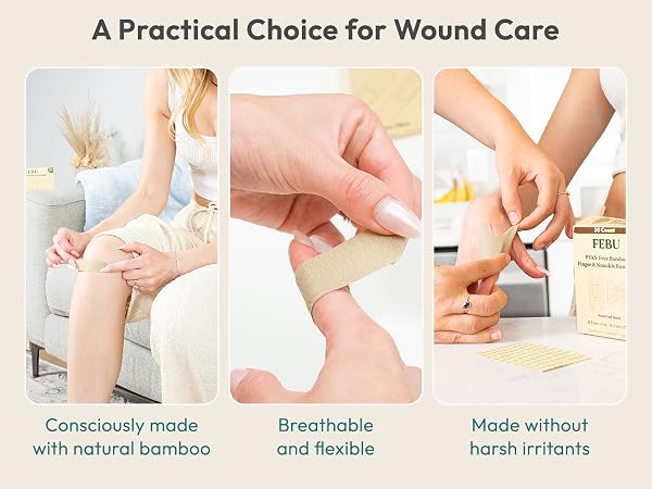 FEBU PFAS-free bamboo bandages. Breathable, flexible wound care