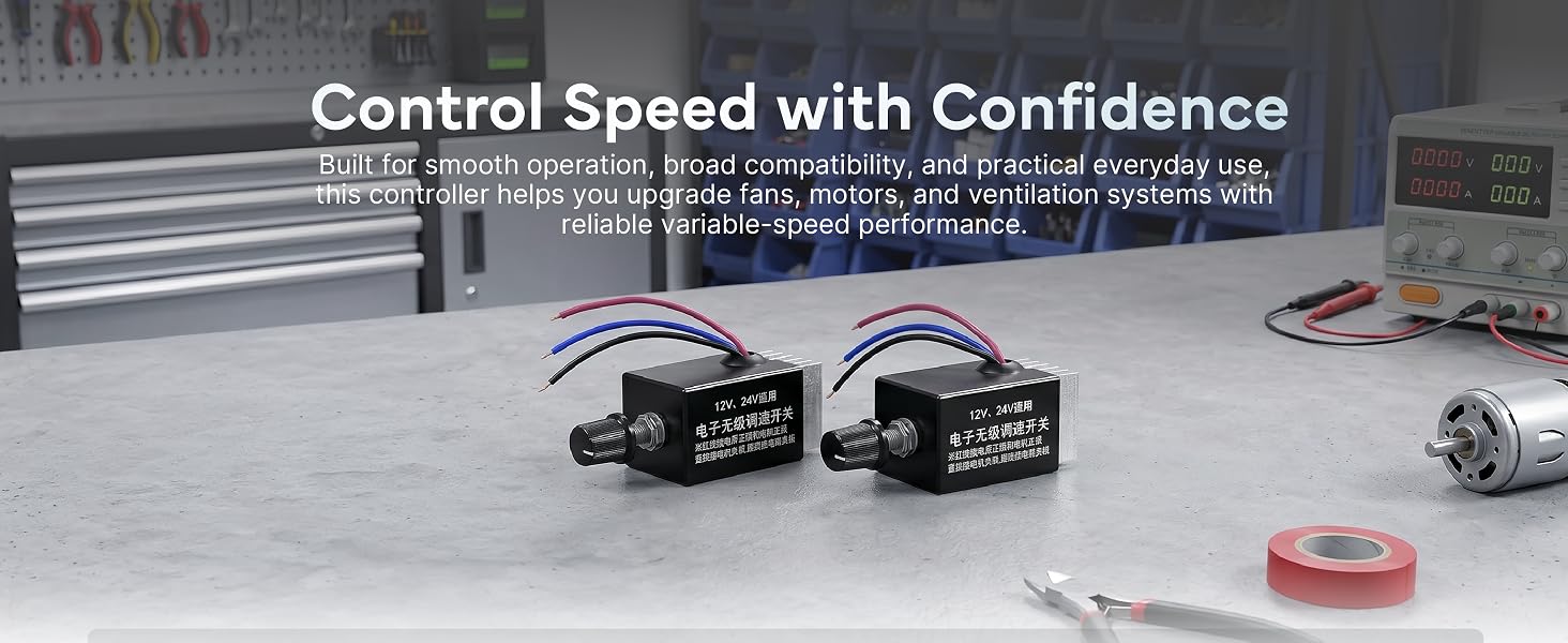 "Control Speed with Confidence" ad showing two Ayetea variable speed controllers on a workbench.