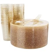 WELLIFE 50 PCS Gold Glitter Salad Plates with 50 PCS Plastic Forks and 50 PCS Gold Glitter Dispos...