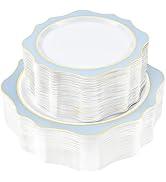 realluck 100 PCS White and Blue ScallopedDisposable Plates for 50 Guests