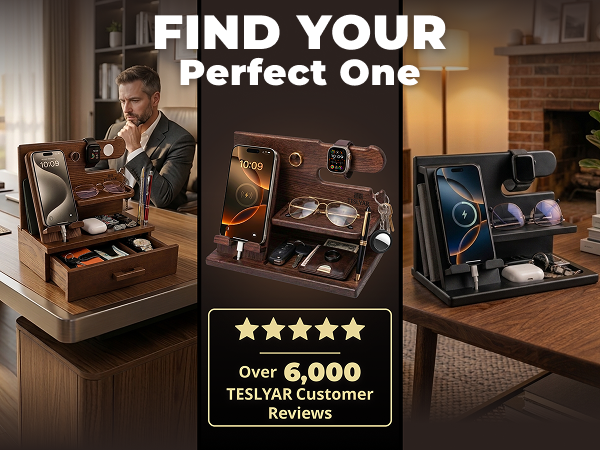 Text reads 'FIND YOUR Perfect One' with '????? Over 6,000 TESLYAR Customer Reviews.' Three wooden jewelry organizer boxes displayed showing compartments for watches, rings, and accessories. Home storage organization product.