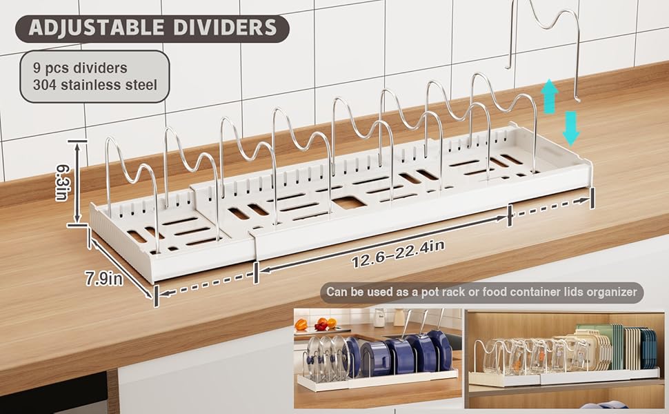 pots and pans organizer with 9 adjustable dividers