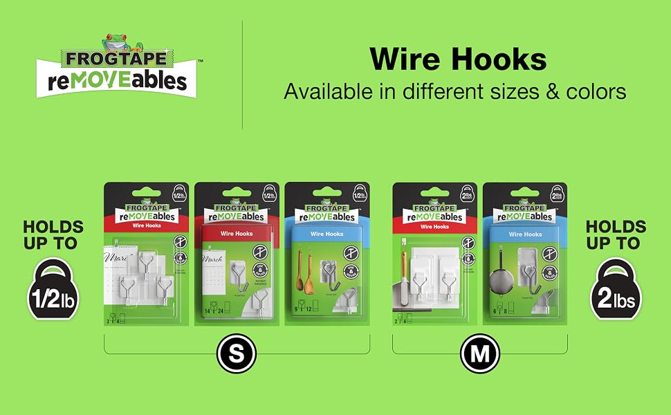 wire hooks available in different sizes and colors, medium hook holds up to two pounds