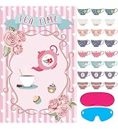 Hooqict Tea Party Games Pin The Tea Cup on The Saucer, Large Tea Party Decorations Poster with 24...
