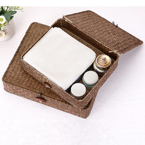 Woven Wicker Storage Bin with Lid Natural Seagrass Basket Box Multipurpose Home Organizer for Shelf