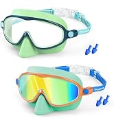 Vvinca 2 Pack Kids Swim Goggles with Nose Cover, Wide View Anti-Fog UV Protection Swimming Mask f...