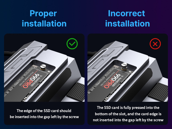 SSD card installation guide. Left image shows correct insertion with card edge visible, right shows incorrect full insertion into slot.