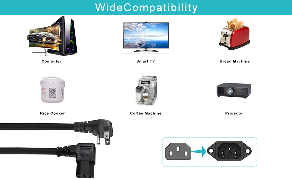 3FT 90 Degree Computer Power Cord Black C13 3 Prong Angled AC Power Cord