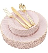 YOUBET 125Pieces Pink Plastic Plates with Gold Rim-Gold Plastic Silverware Include 25 Dinner Plat...