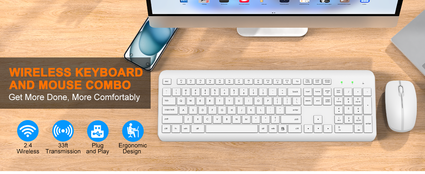 Wireless Keyboard and Mouse Combo Full Size Silent Ergonomic Keyboard Mouse Cordless Mouse Keyboard