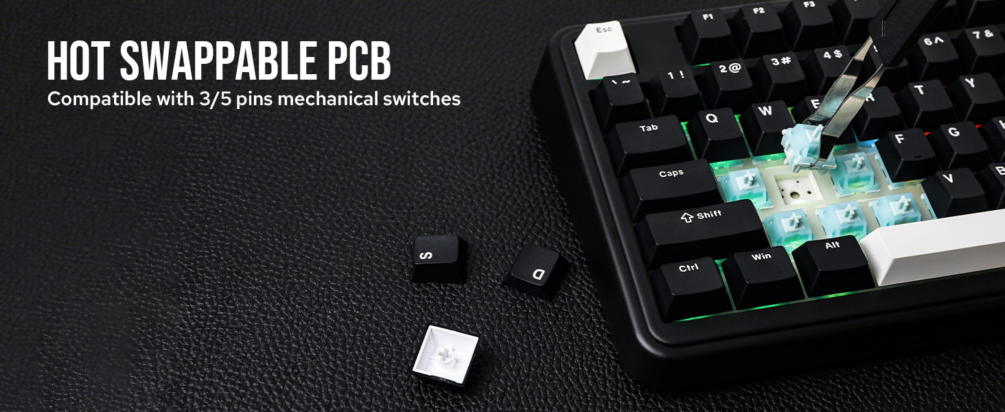 Close-up of a mechanical keyboard with hot-swappable PCB, compatible with 3/5 pin switches. One switch is removed, revealing the socket on the illuminated PCB beneath.