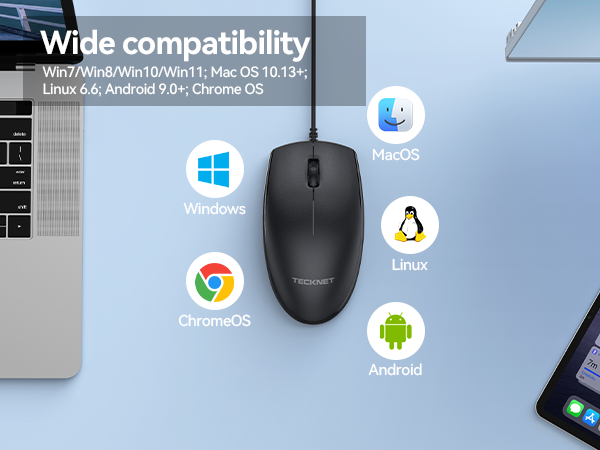 Text reads "Wide compatibility" with "UltraWideCompatibility1 Ms-05 10.5+" and "Ultra Low Latency". Black ergonomic mouse displayed with compatibility icons for Windows, macOS, ChromeOS, Linux, and Android operating systems.