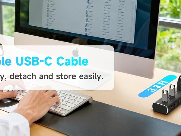 powered usb c hub with detachable usb c cable