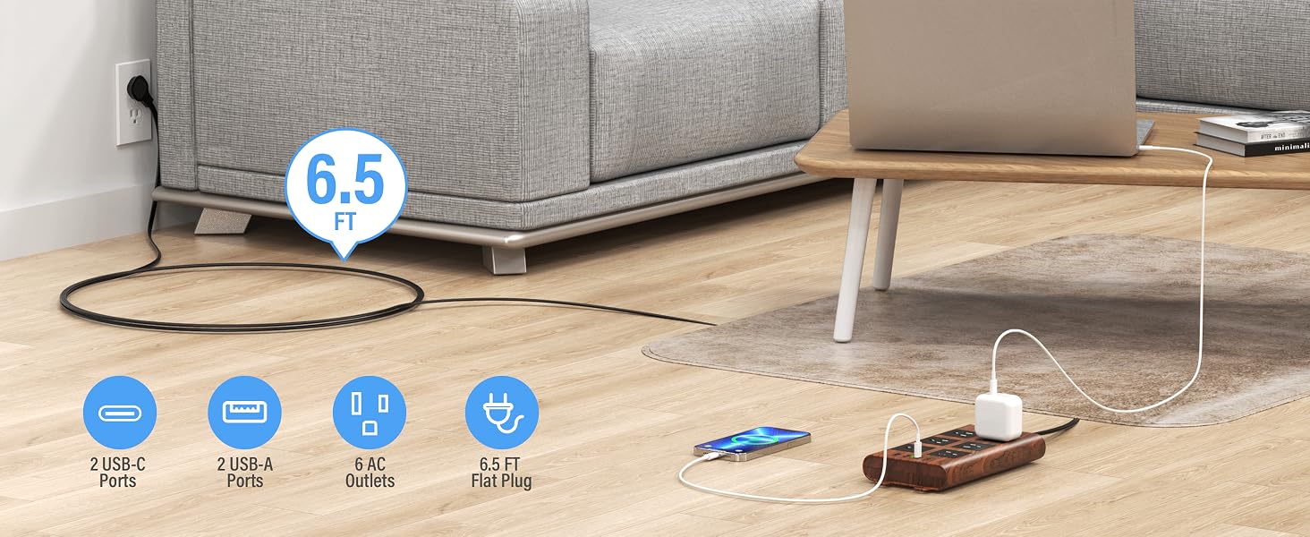 Power Strip with 6.5 FT Flat Extension Corde