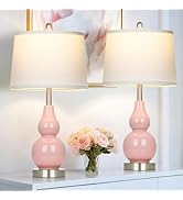 Pink Ceramic Lamps Set of 2, 25" Modern Double Gourd Ceramic Table Lamps for Living Room, Cute Be...