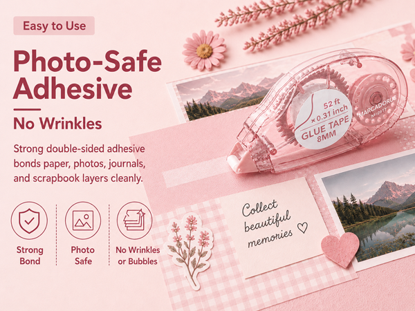 Photo-safe adhesive for scrapbooking holds photos, cards and album layers with a clean tape runner