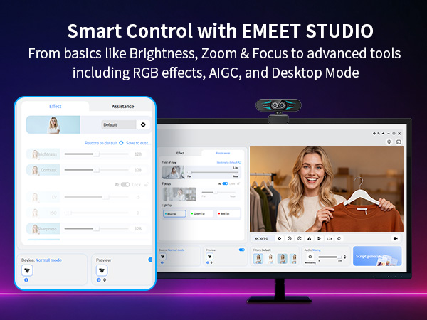 Smart Dual Control via Remote & EMEET STUDIO EMEET C60E Dual-Camera 4K Webcam for Streaming