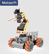 Robotic vehicle with articulated arm and camera. Yellow and orange components, wheeled base, and multiple joints for movement and positioning.
