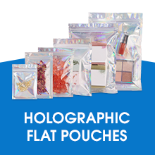 Five sizes of holographic pouches lined up from smallest to largest on a blue and white background