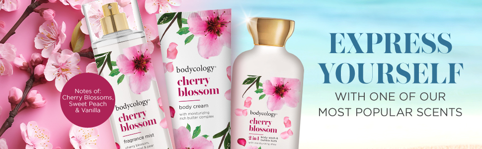 cherry blossoms, sweet peach, vanilla, popular scents, fragrance, body cream, 2 in 1 body wash