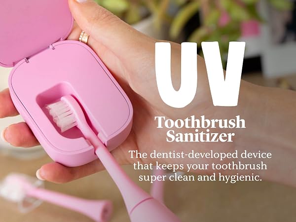 A hand using a UV toothbrush sanitizer, with text highlighting its effectiveness.