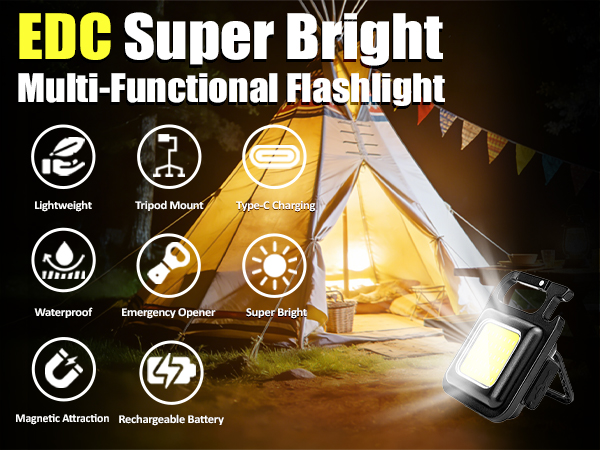 EDC super bright COB flashlight with Type-C charging, magnet, bottle opener and tripod mount.