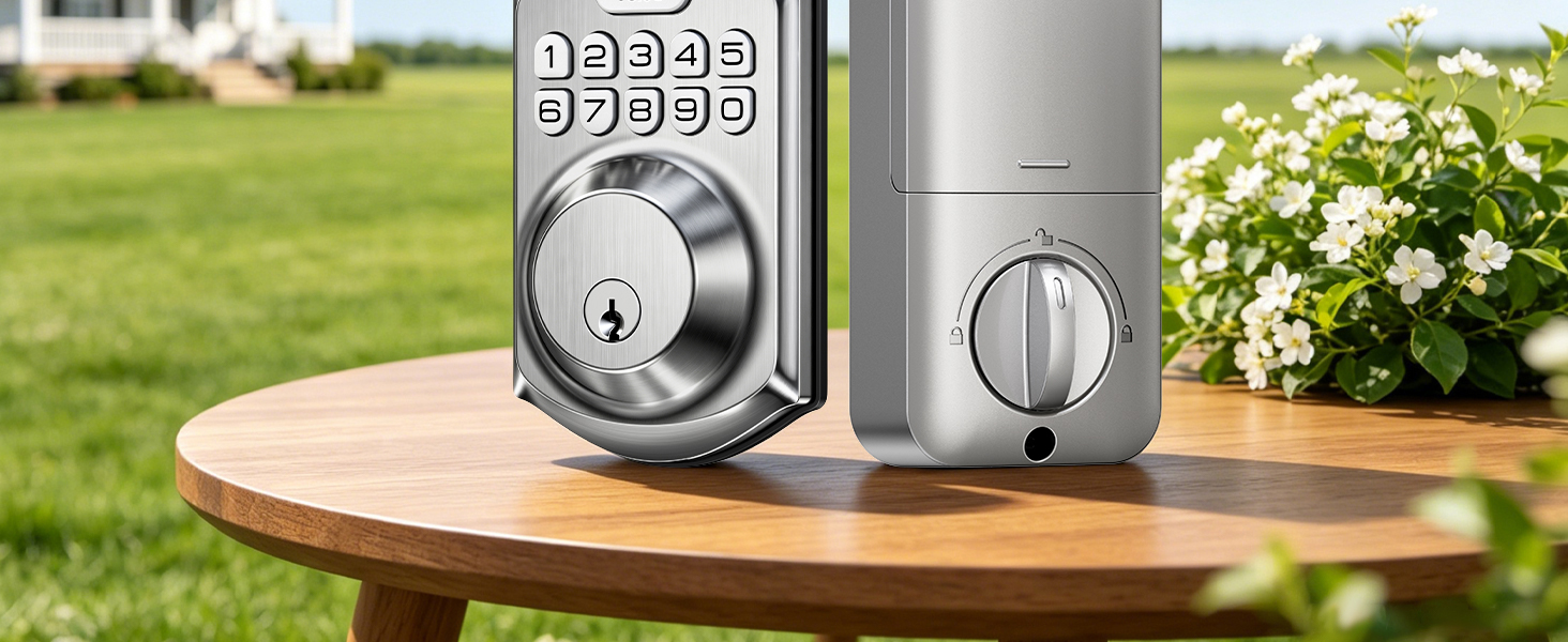 Keyless entry door lock with ANSI Grade 3 security, IP55 waterproof for front doors, Satin Nickel