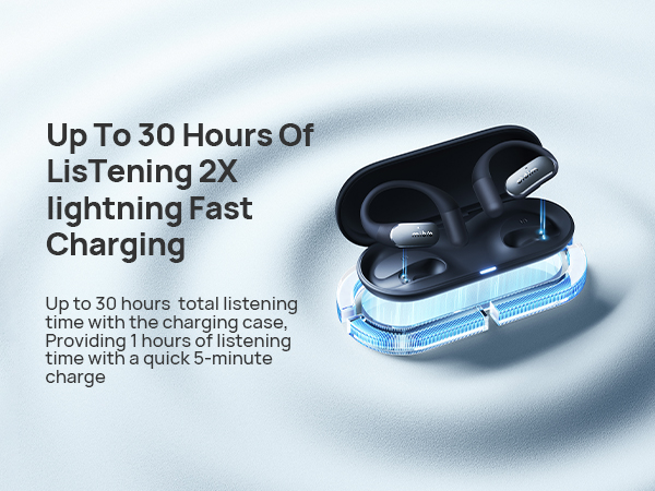 Text reads: 'Up To 30 Hours Of Listening 2X' and 'Lightning Fast Charging'. Series of images showing wireless earbuds with charging case highlighting battery life features.