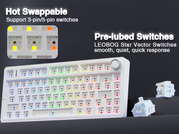 hot swappable mechanical custom keyboard creamy sound pre-lubed switches south-facing lighting