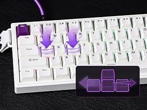 White mechanical keyboard with purple LED backlighting, alongside transparent purple replacement keycaps for WASD keys.