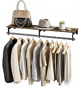 Luxspire 43.3" Wall Mount Clothes Rack with Wood Top Shelf Hanging Clothes | Black + brown, heavy...