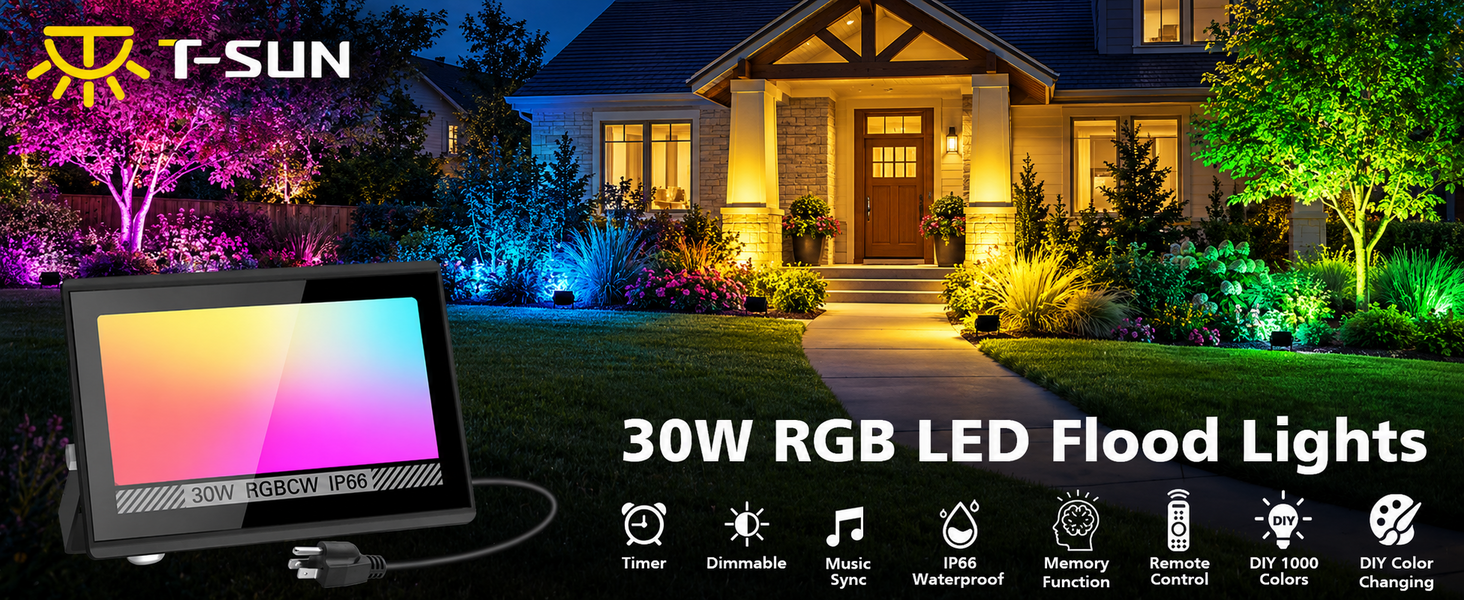 T-SUN 30W RGBCW LED Flood Lights Bluetooh and Remote